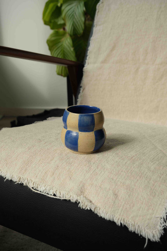 Handmade Ceramic Bubble Coffee Cup - Checkered Cobalt Blue