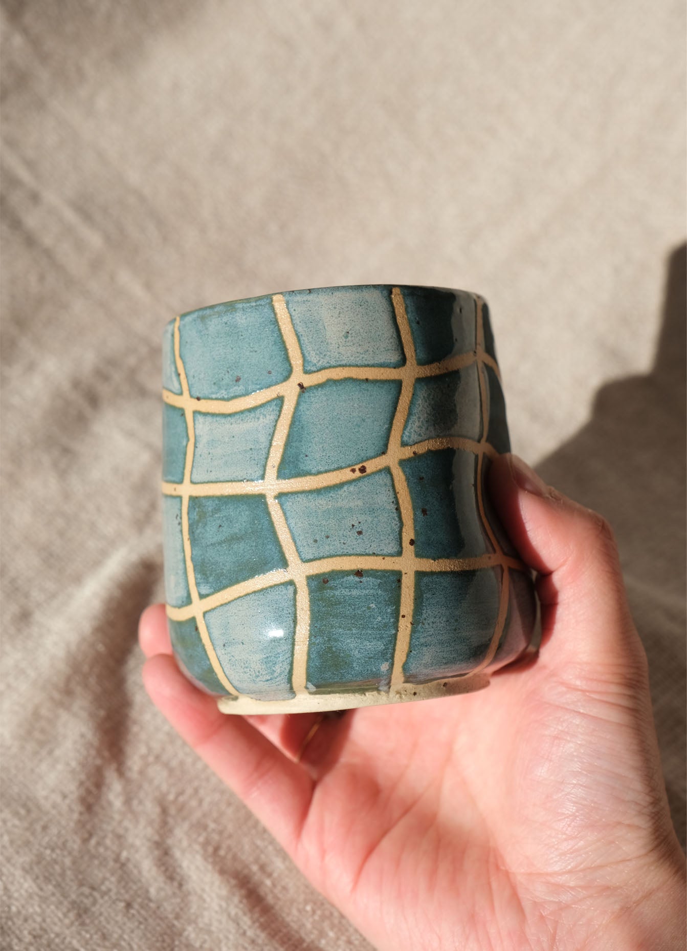Dimple Cup - Green & Blue Wavy Grid