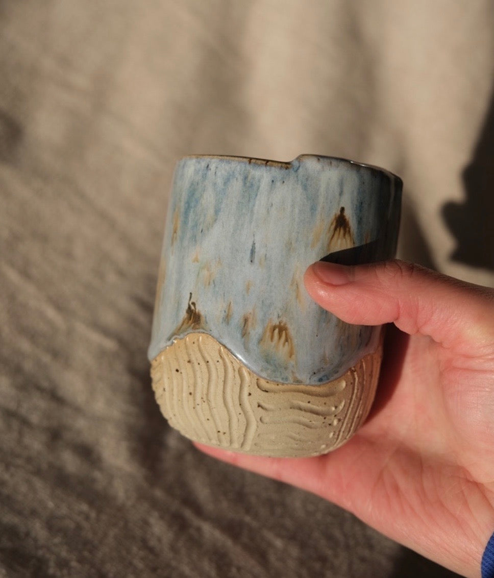 Handmade Takeaway Cup – Arctic Blue Speckled & Handcarved