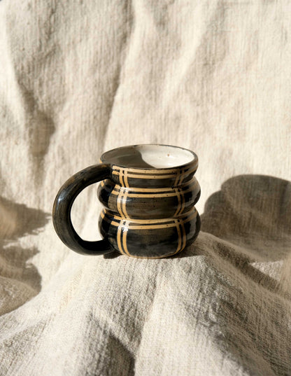 Handmade Ceramic Bubble Mug - Black Lined Design