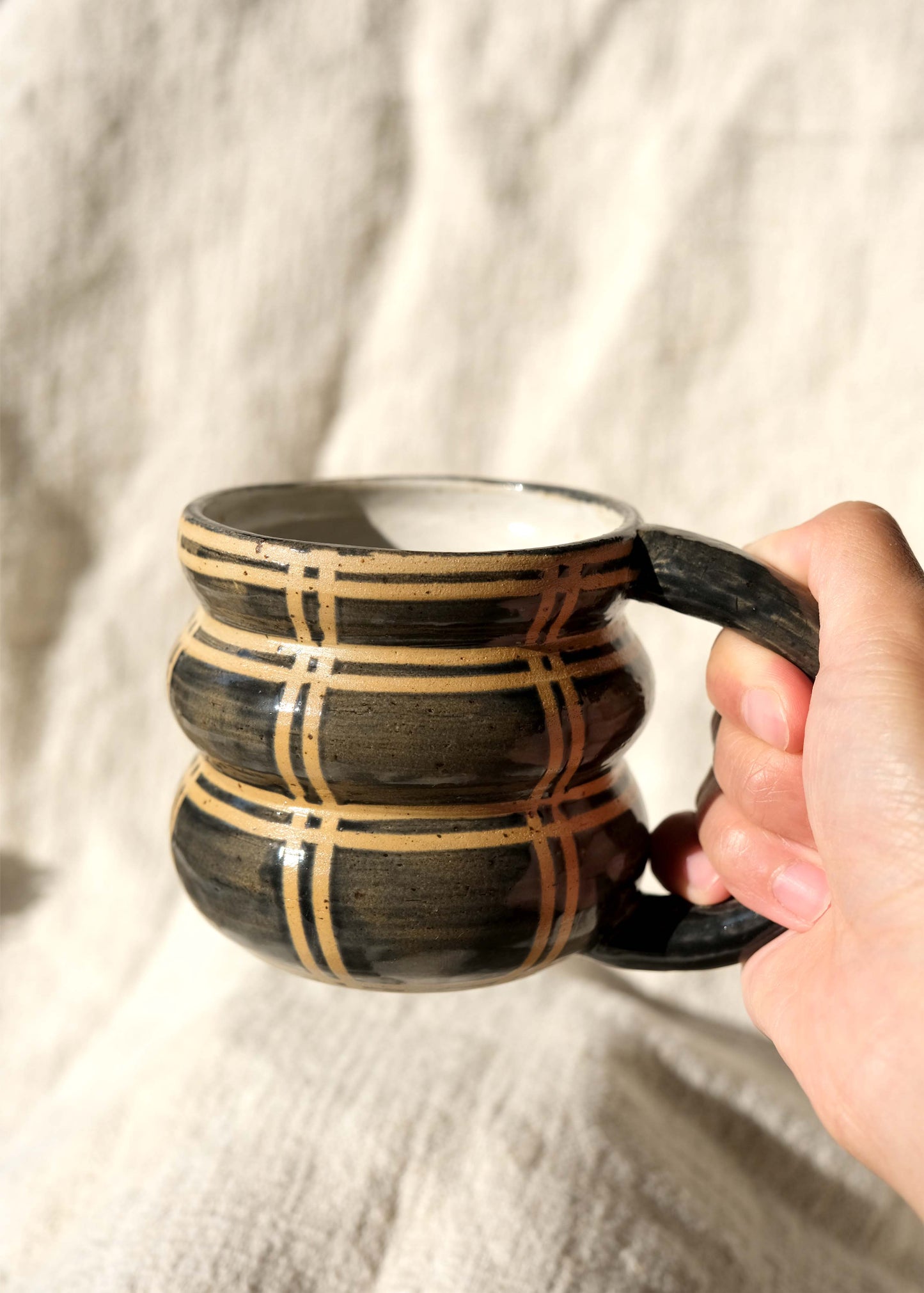 Handmade Ceramic Bubble Mug - Black Lined Design