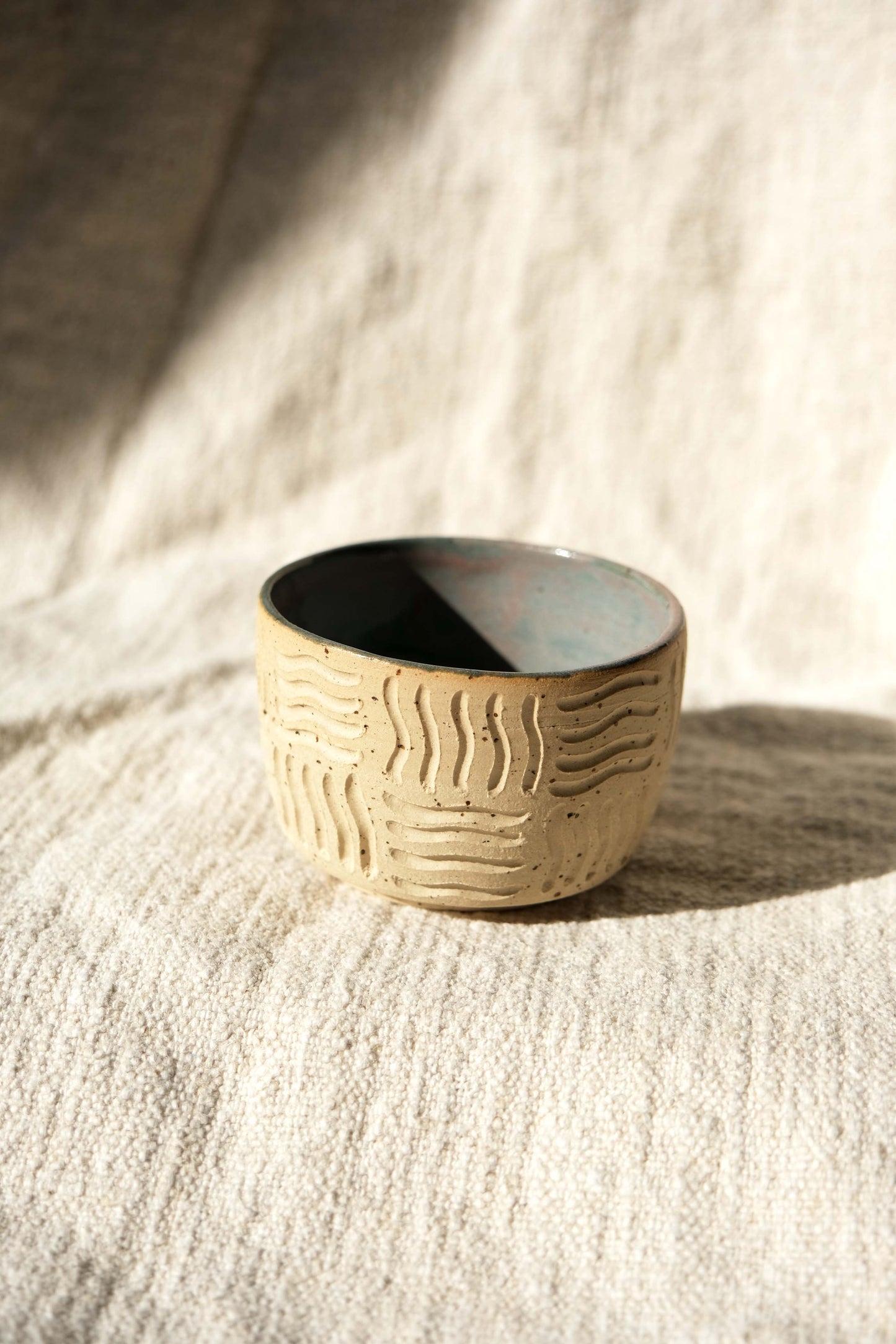 Handcarved Espresso Cup with Wavy Grid Design