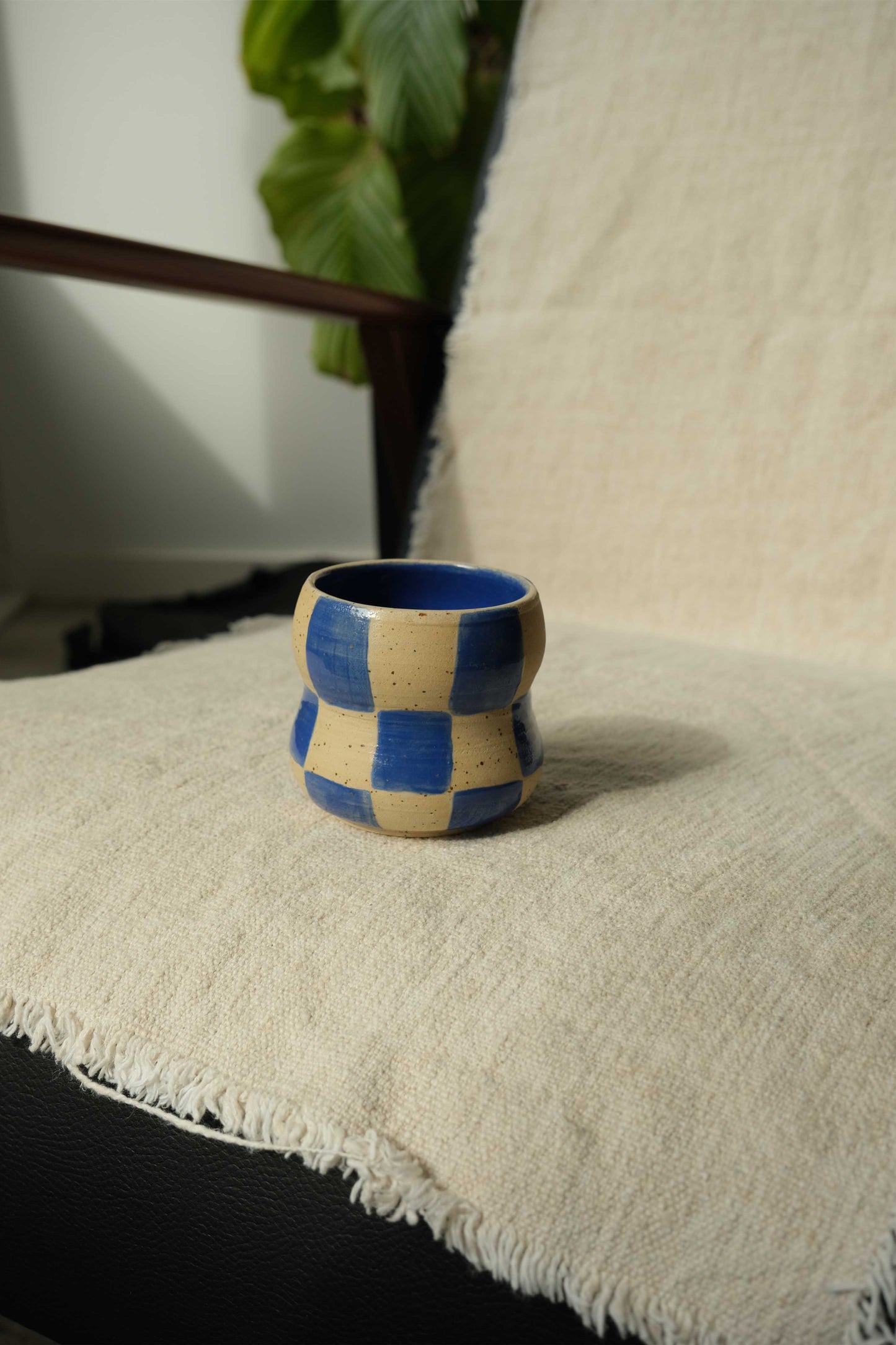 Handmade Ceramic Bubble Coffee Cup - Checkered Cobalt Blue