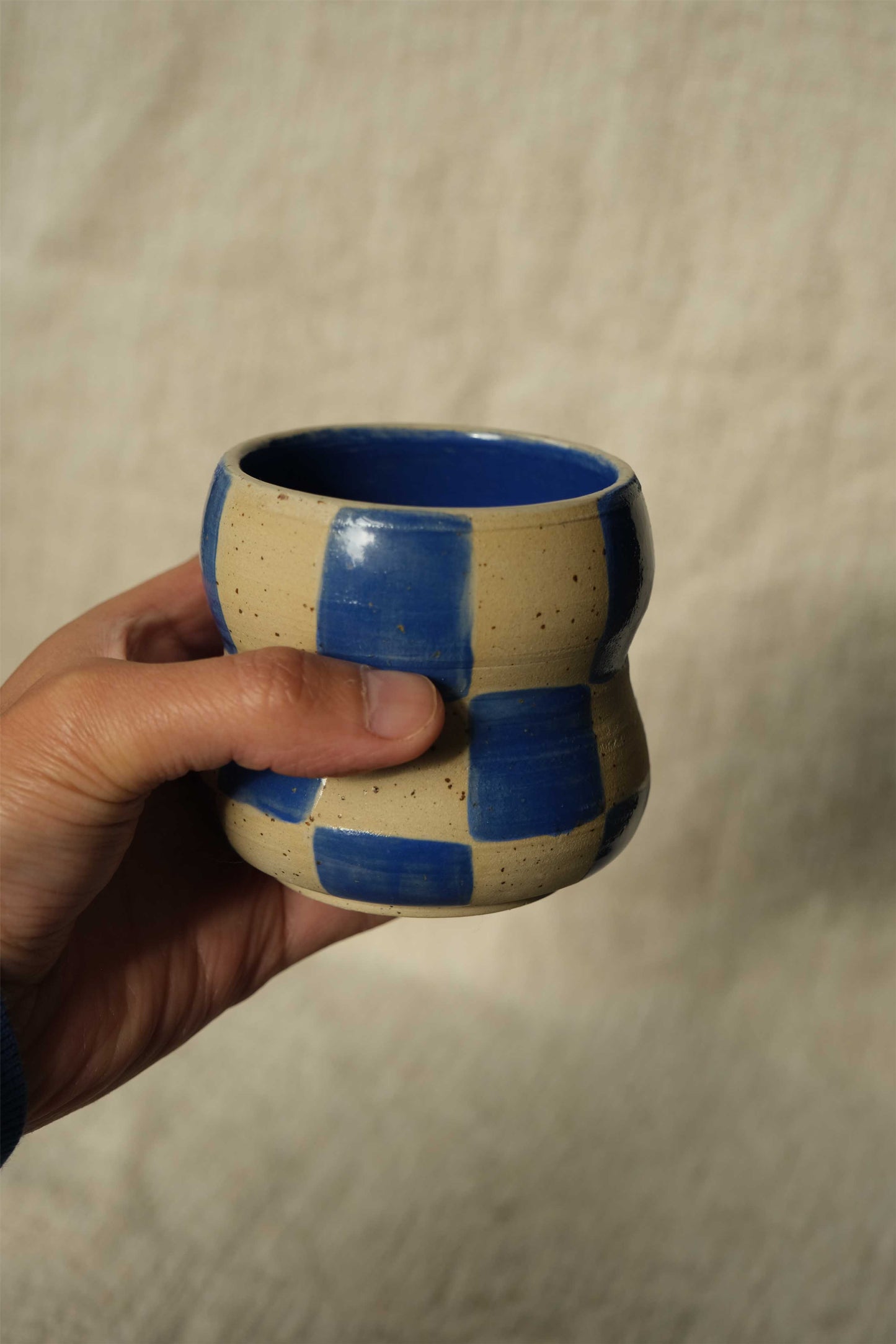 Handmade Ceramic Bubble Coffee Cup - Checkered Cobalt Blue