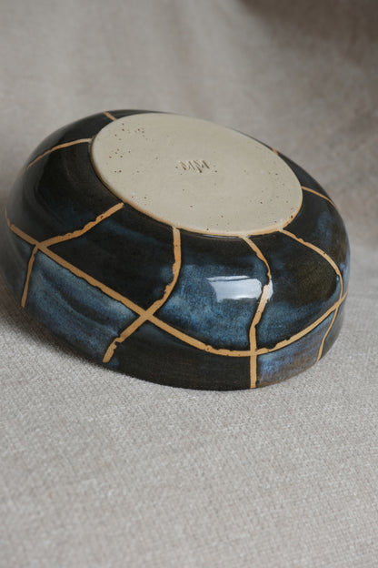 Handmade Serving Bowl – Midnight Blue & Black Wavy Grid