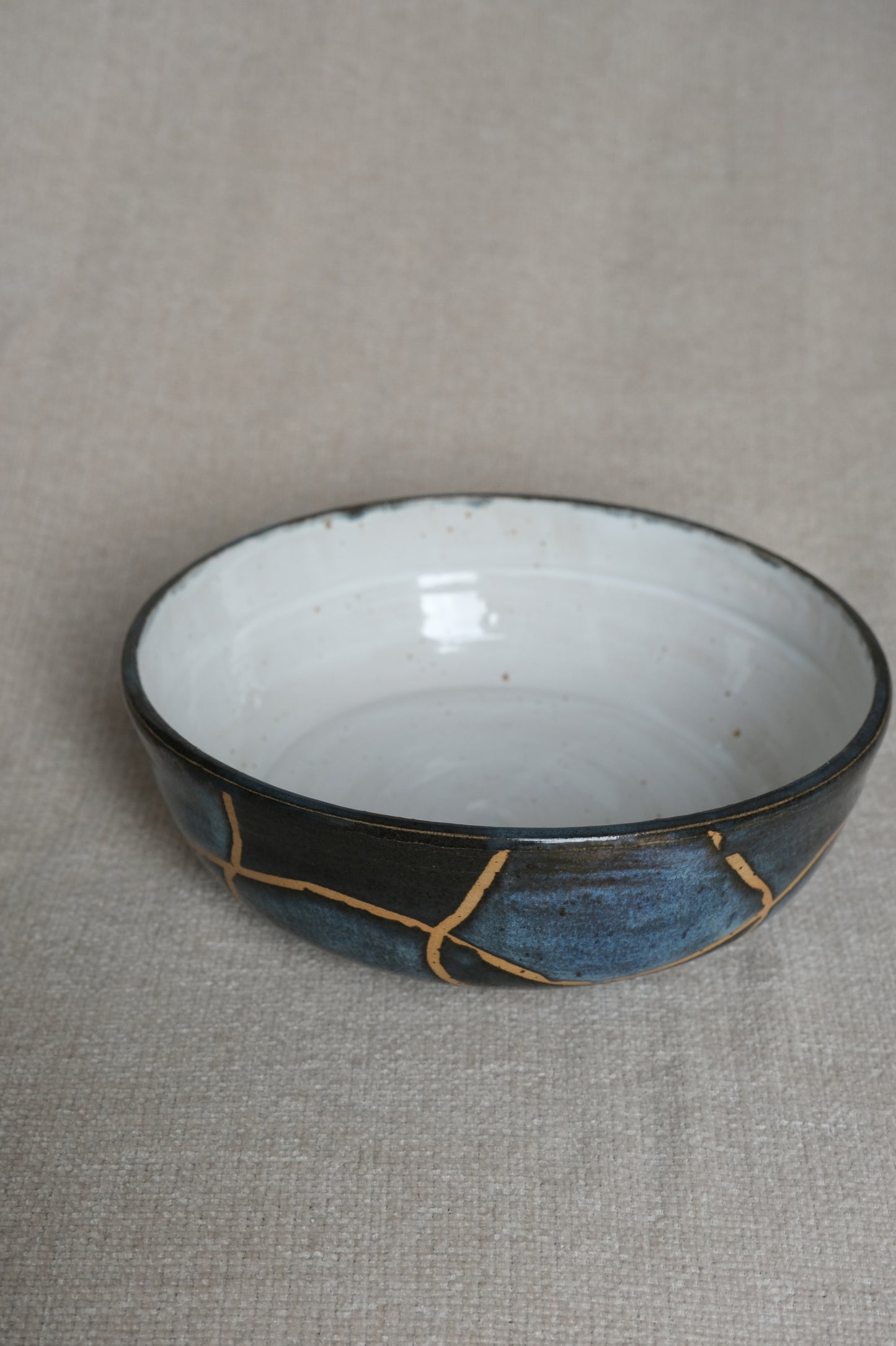 Handmade Serving Bowl – Midnight Blue & Black Wavy Grid