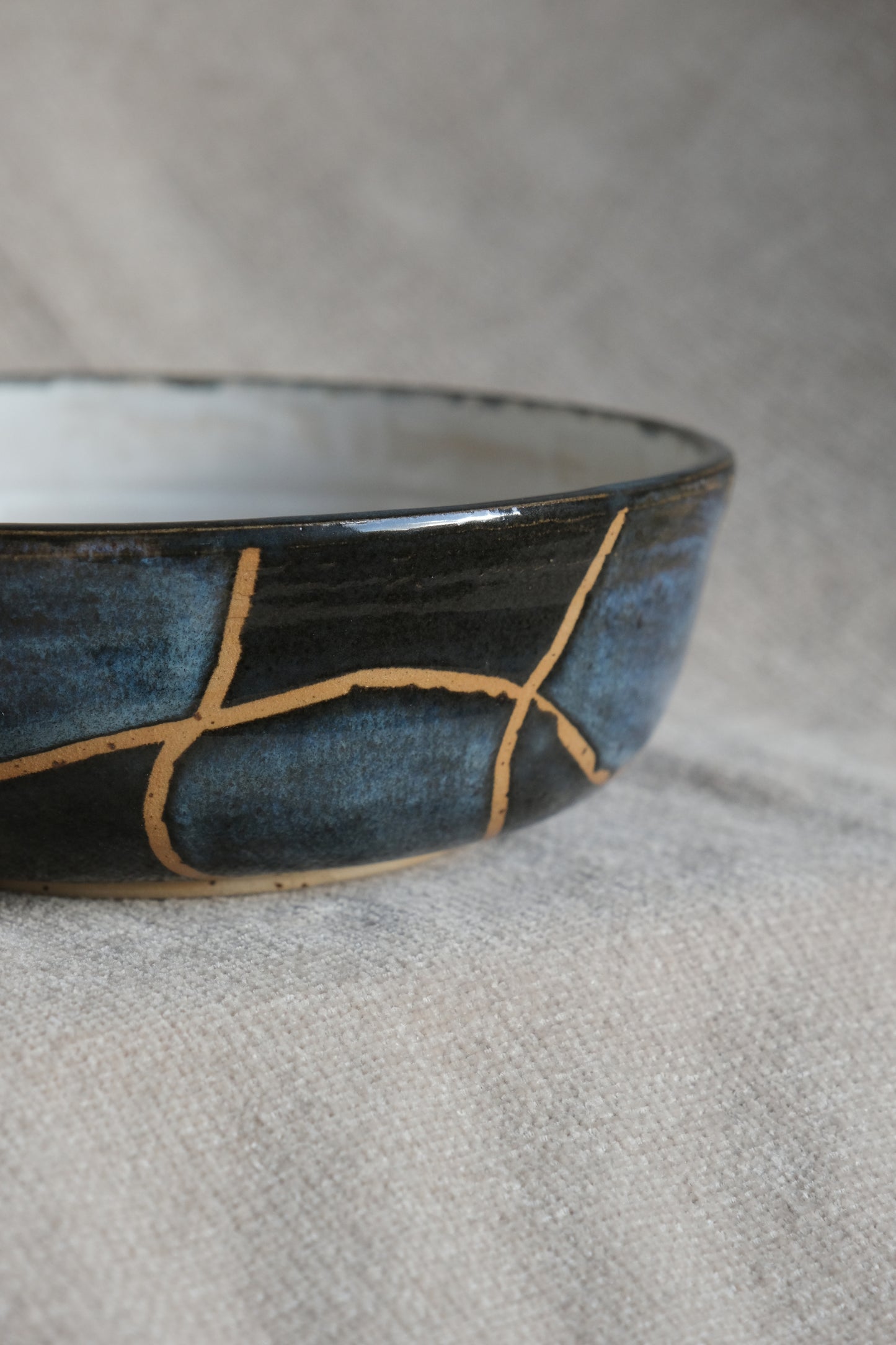 Handmade Serving Bowl – Midnight Blue & Black Wavy Grid