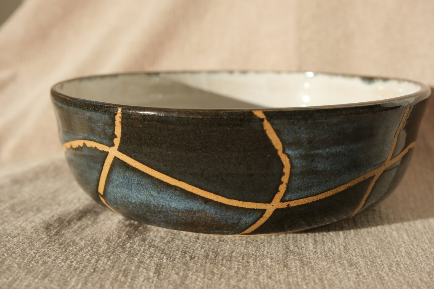 Handmade Serving Bowl – Midnight Blue & Black Wavy Grid