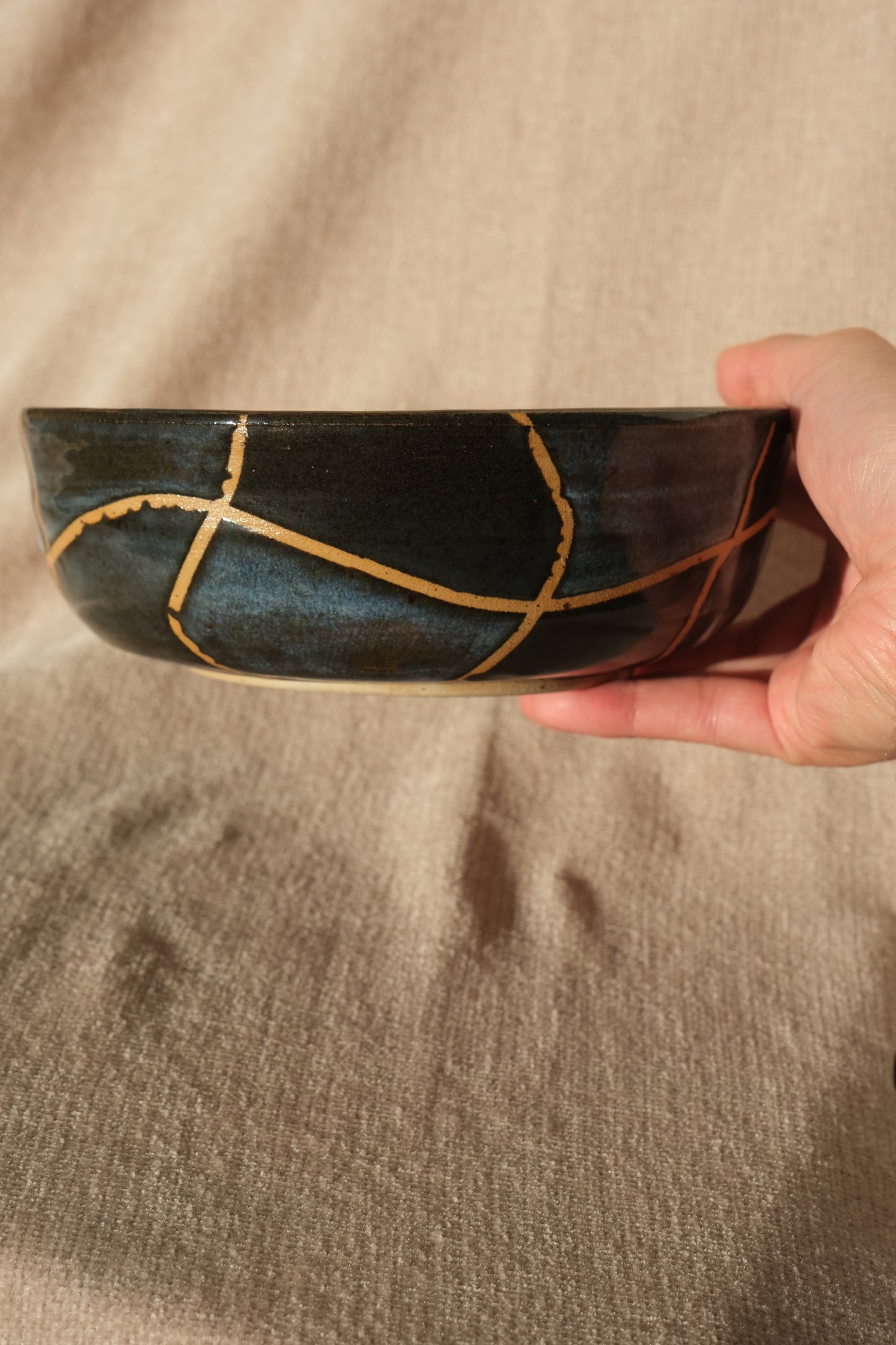 Handmade Serving Bowl – Midnight Blue & Black Wavy Grid