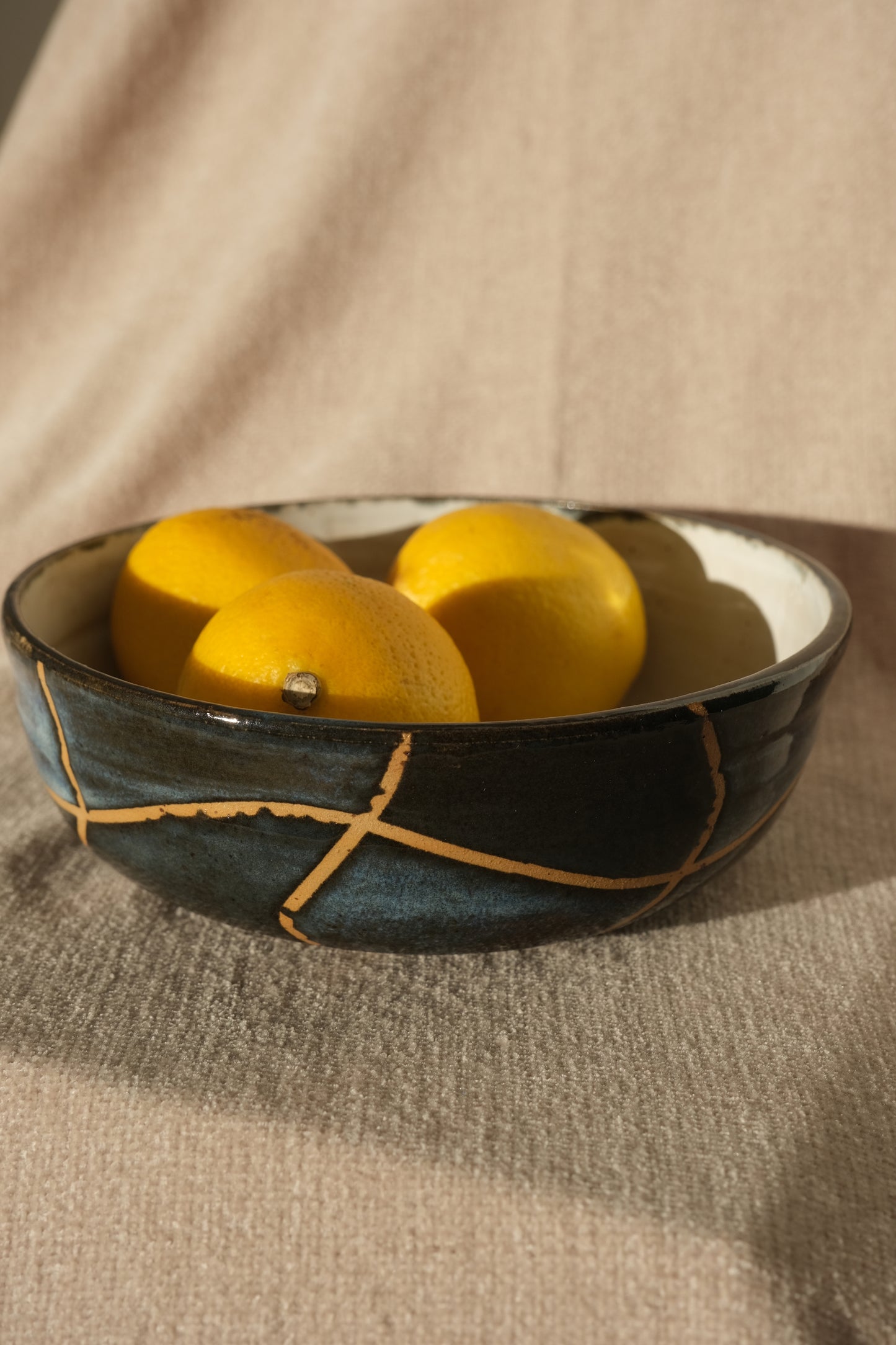 Handmade Serving Bowl – Midnight Blue & Black Wavy Grid