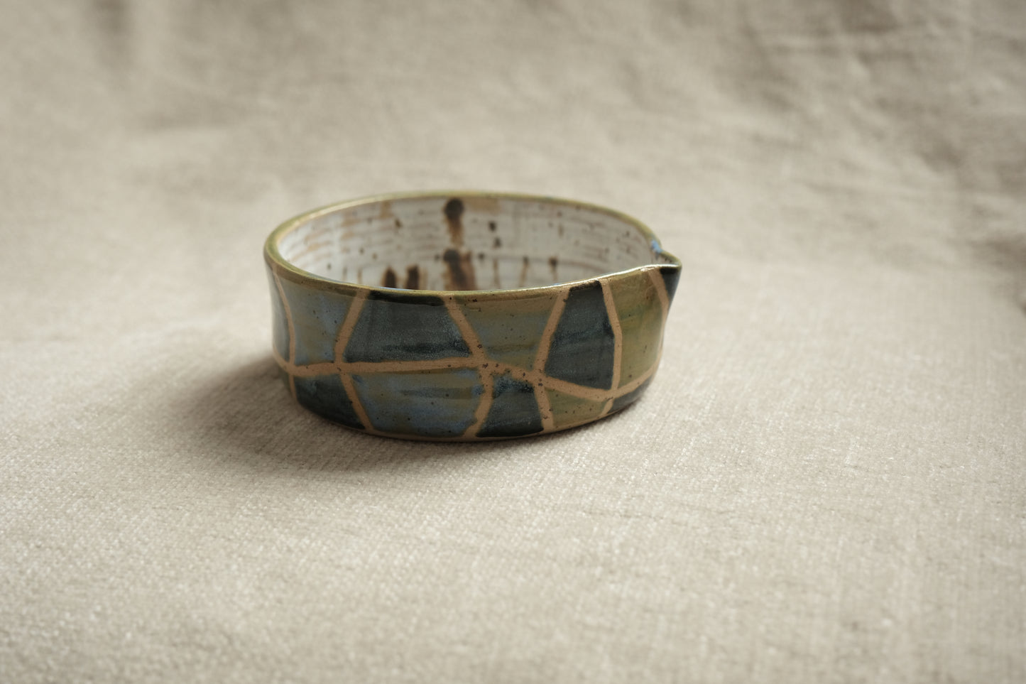 Handmade Matcha Bowl – Wavy Blue & Green Grid