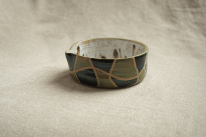 Handmade Matcha Bowl – Wavy Blue & Green Grid