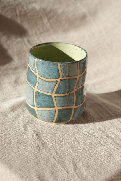 Dimple Cup - Green & Blue Wavy Grid