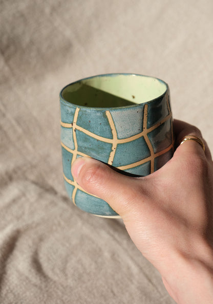Dimple Cup - Green & Blue Wavy Grid