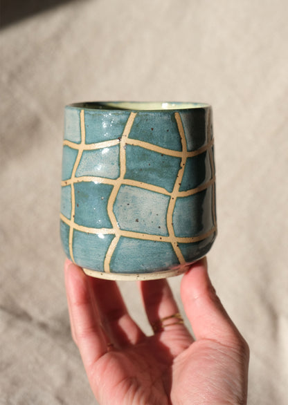 Dimple Cup - Green & Blue Wavy Grid