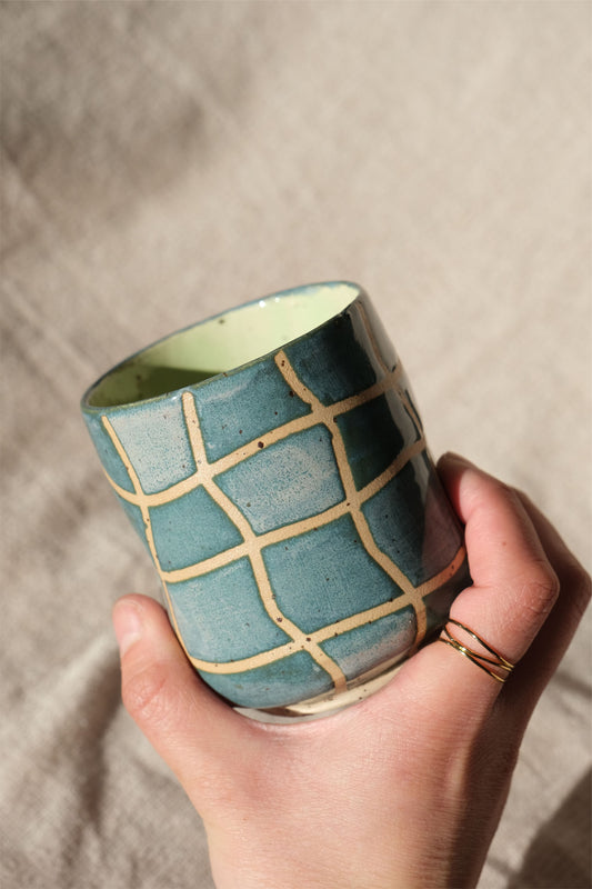 Dimple Cup - Green & Blue Wavy Grid