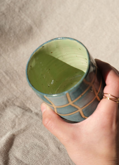 Dimple Cup - Green & Blue Wavy Grid