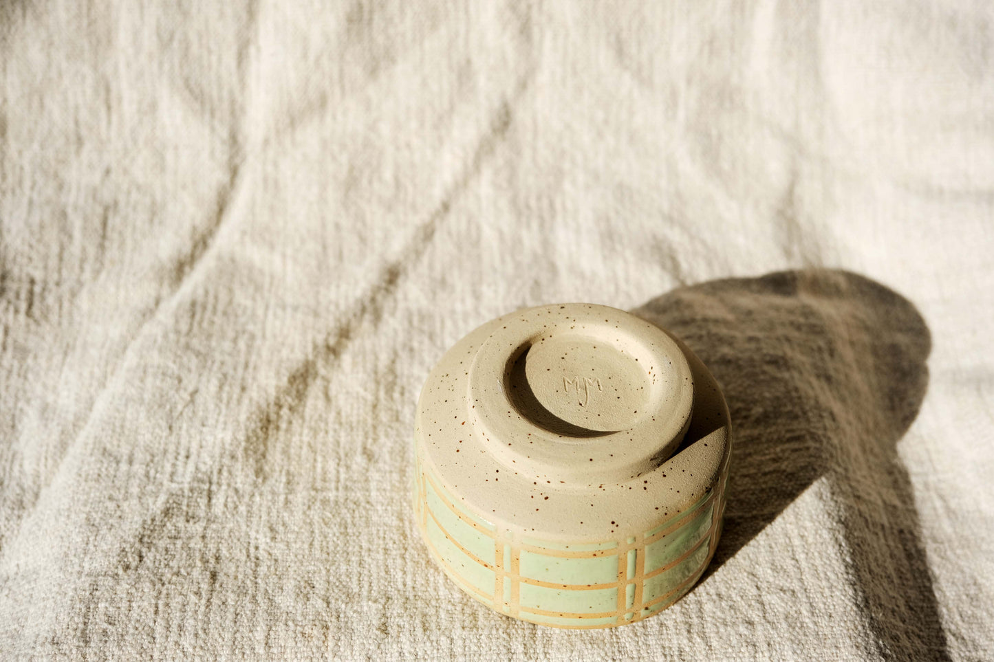 Small Ceramic Bowl with Pastel Green Line Design