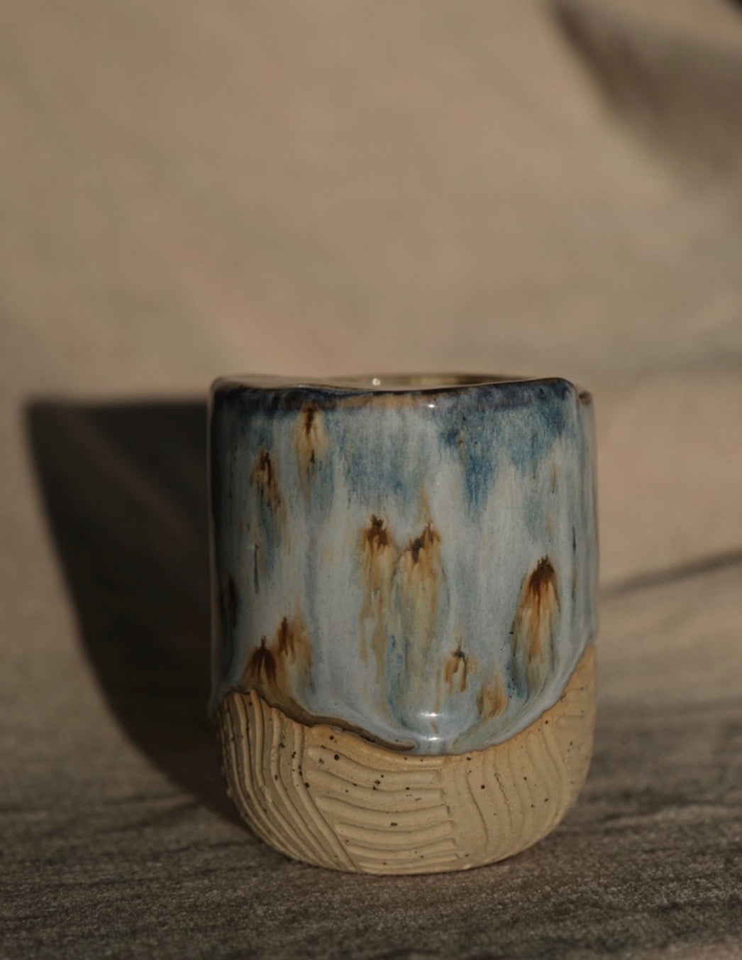 Handmade Takeaway Cup – Arctic Blue Speckled & Handcarved