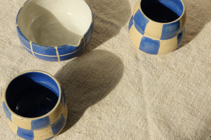 Handmade Ceramic Bubble Coffee Cup - Checkered Cobalt Blue