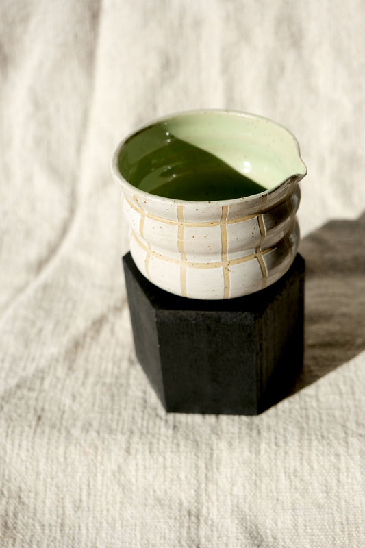 Versatile Ceramic Pouring Vessel - Handcrafted with White Grid & Green Interior