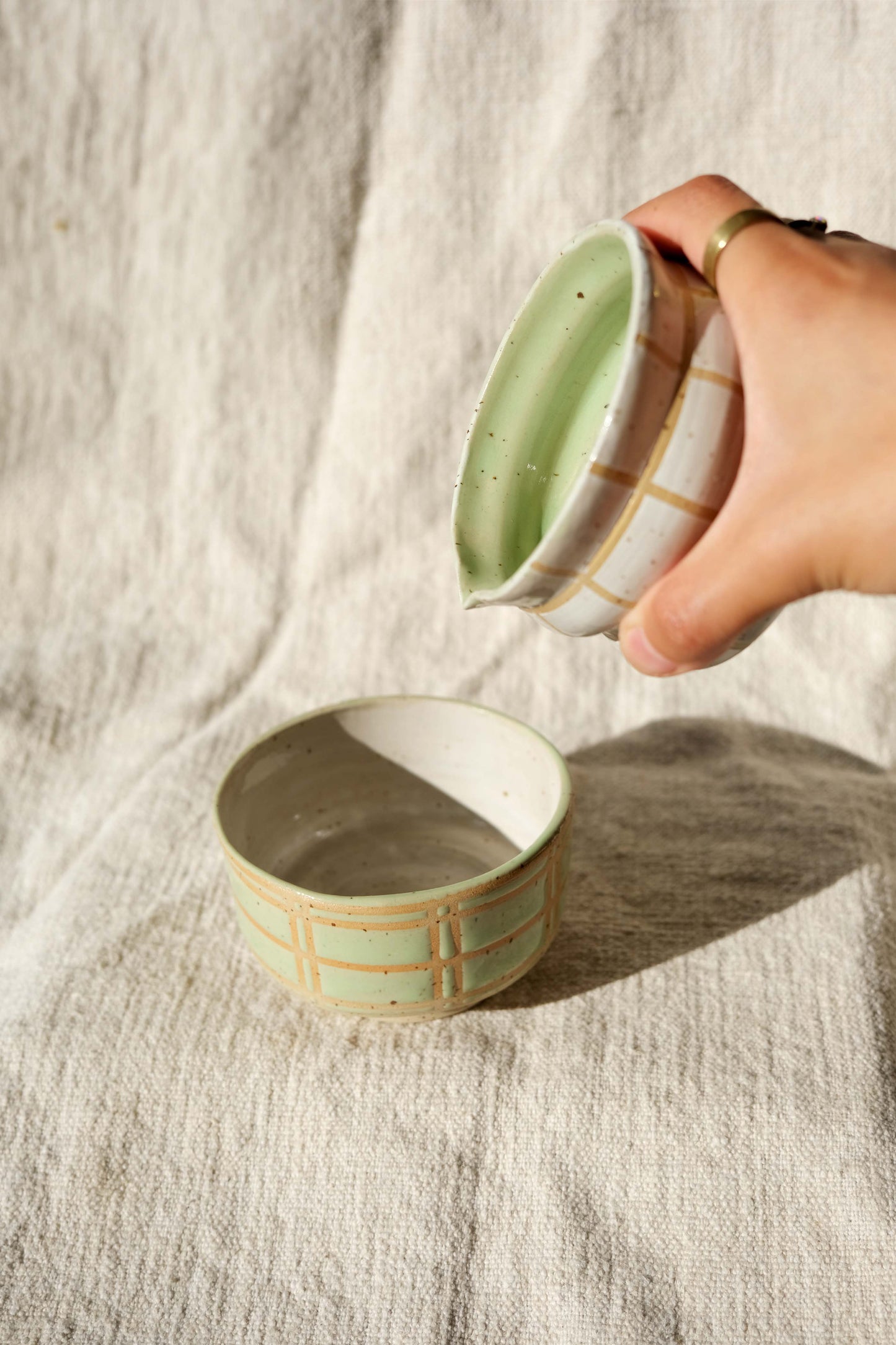 Versatile Ceramic Pouring Vessel - Handcrafted with White Grid & Green Interior